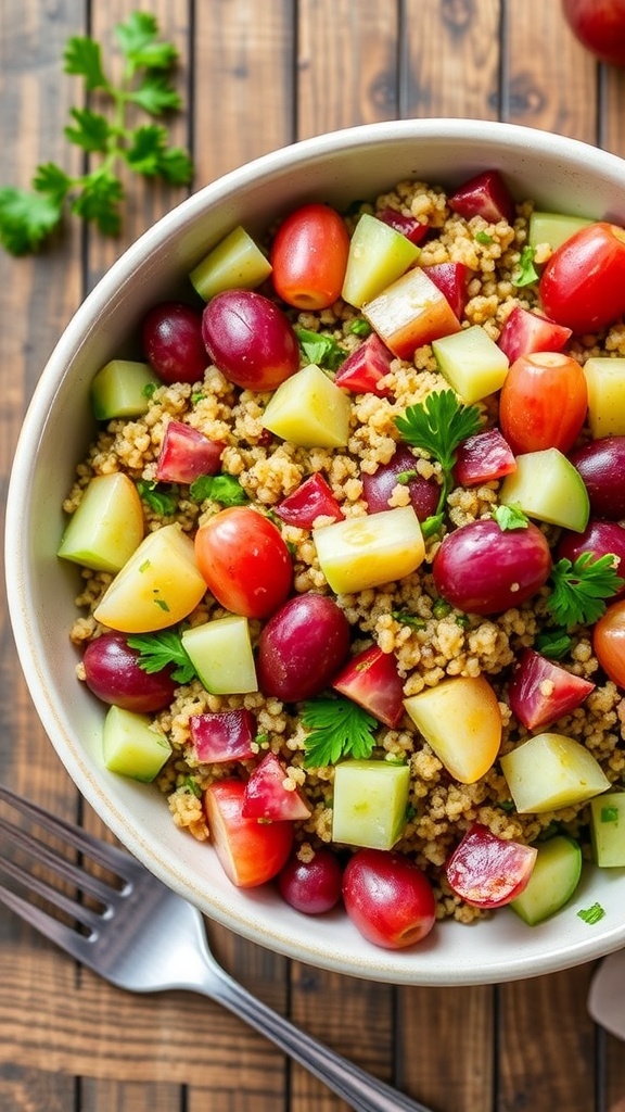A colorful quinoa salad with grapes, cucumbers, and parsley in a bowl on a wooden table.